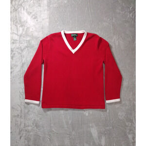 Ralph Lauren Women's Red and White Cotton V Neck Sweater L